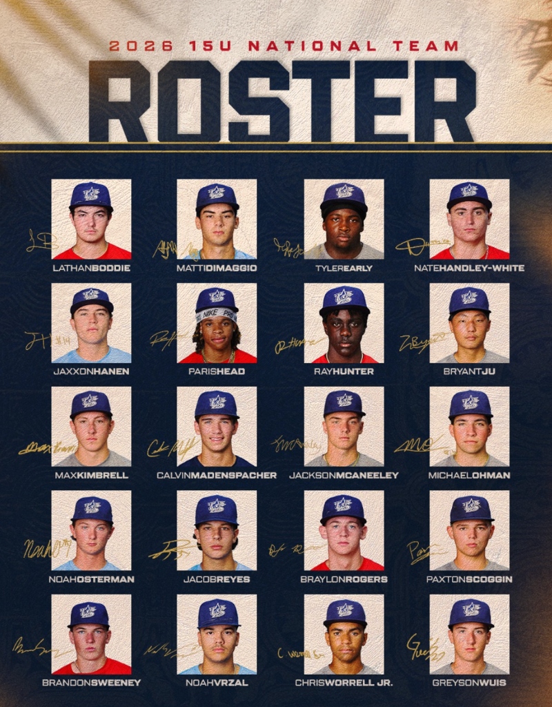 Official 2026 USA Baseball 15U National Team Roster Graphic featuring Ray Hunter
